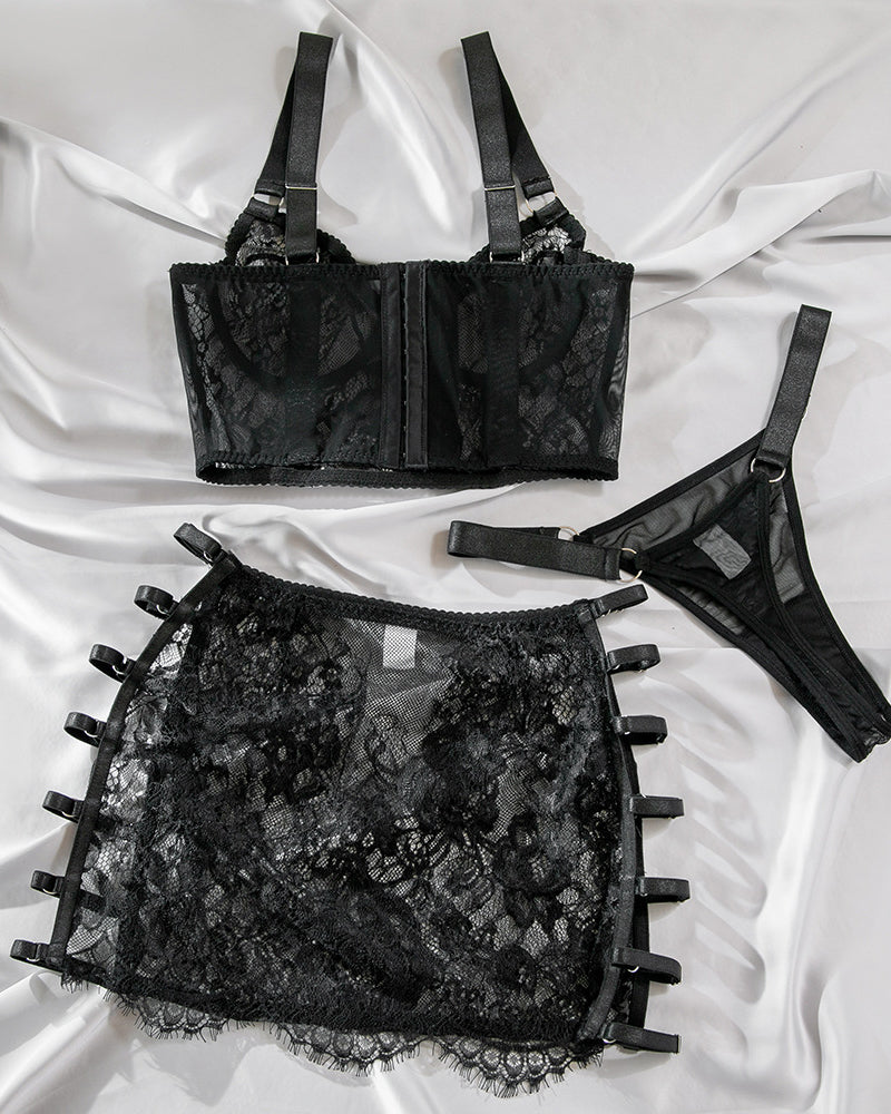 Sexy Hollow-out See-through Mesh Embroidered  Lingerie Set