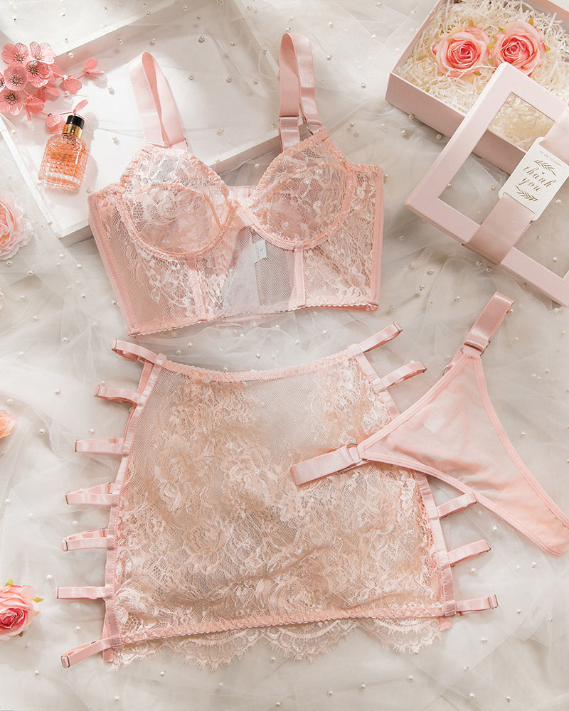 Sexy Hollow-out See-through Mesh Embroidered  Lingerie Set