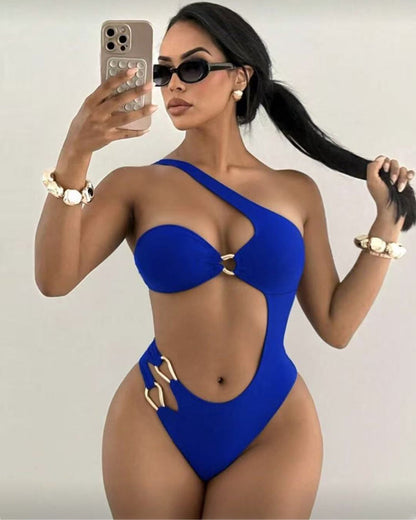 Off-shoulder Cutout Backless Solid Color Sexy One-piece Swimsuit