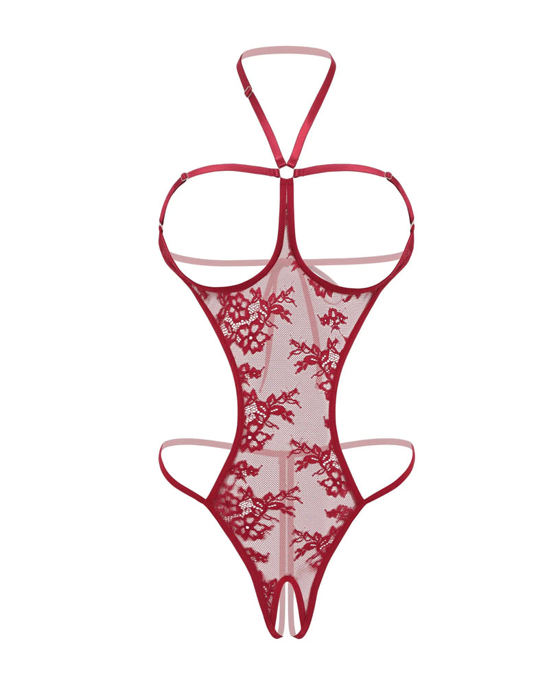 Sexy Lace Cutout Mini Bodysuit Halter Teddy Nightie